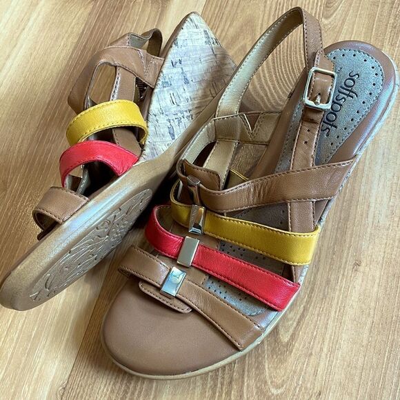 Softspots Leather Multicolor Wedge Sandals Gold Accent Womens size 6.5 - Picture 1 of 8